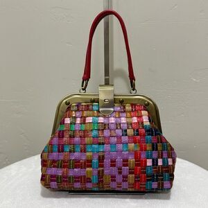Colorful Woven Cowhide Leather Retro Metal Frame & Push Lock Handbag, Crossbody